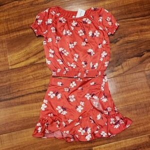 Janie and Jack NWT girls 2T red and white floral silky blouse and matching skirt
